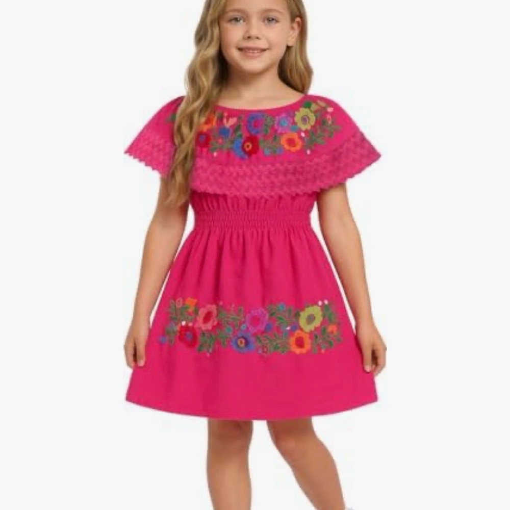 Mexican Embroidered Vibrant Pink Floral Kids Dress